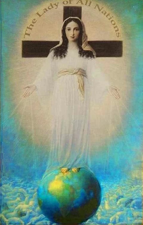 The Lady of All Nations: Mary in white before the cross, standing on the globe.